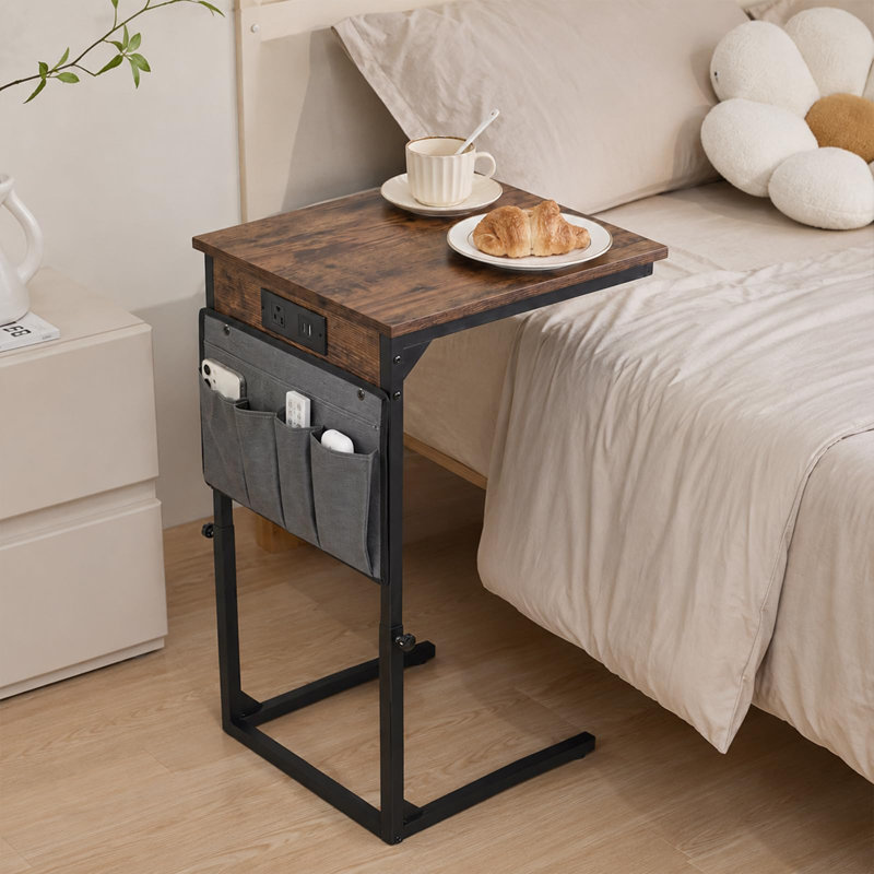 Table de bout en C avec station de charge, table d'appoint pour canapé - petite table de bout en C mince pour le salon, lecture - couleur brûlée
