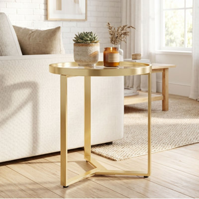 Round Tempered Glass Side Table, Geometric Metal Frame Modern Accent Table for Living Room Bedroom