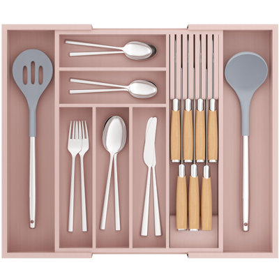 Bamboo-Silverware-Drawer-Organizer-Kitchen, Expandable Utensil Holder Cutlery Tray Flatware Organization Adjustable Wood Tableware Dividers Storage (With Removable Knife Block)