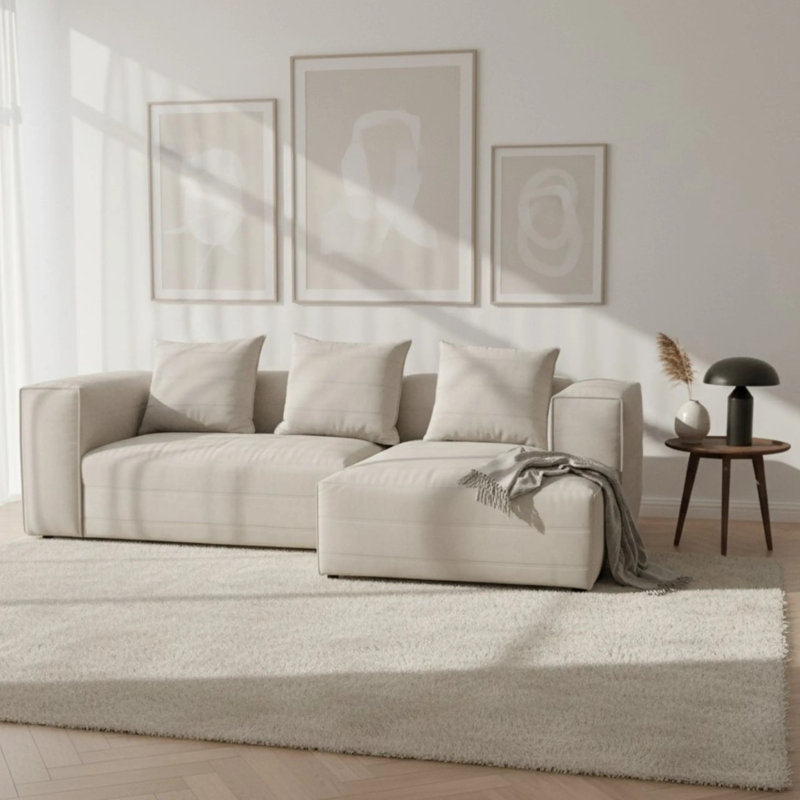 3 Seater Corner Sectional, Right Hand Facing, White Polyester
