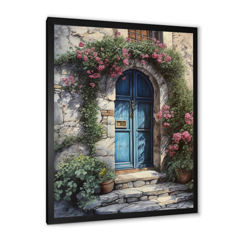 Porte de jardin bleue et rose Rochart II sur impression sur toile, Cadre photo noir, H 20 po x l 12 po x P 1 po