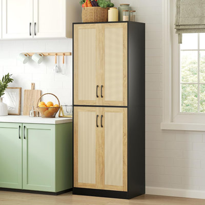 67" Tall Rattan Storage Cabinet – Wooden Linen Pantry With Doors  Adjustable Shelves For Laundry, Bathroom, Or Kitchen – Black