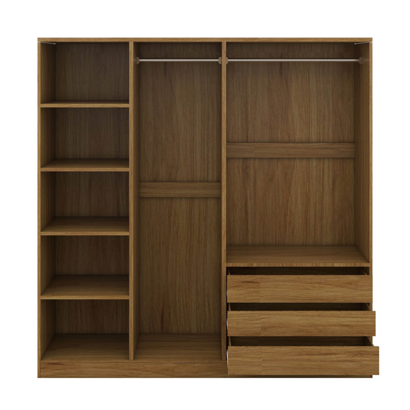 Garde-robe autoportante ouverte à 3 tiroirs, garde-robe en bois sans porte avec tablettes et tringles, Nature