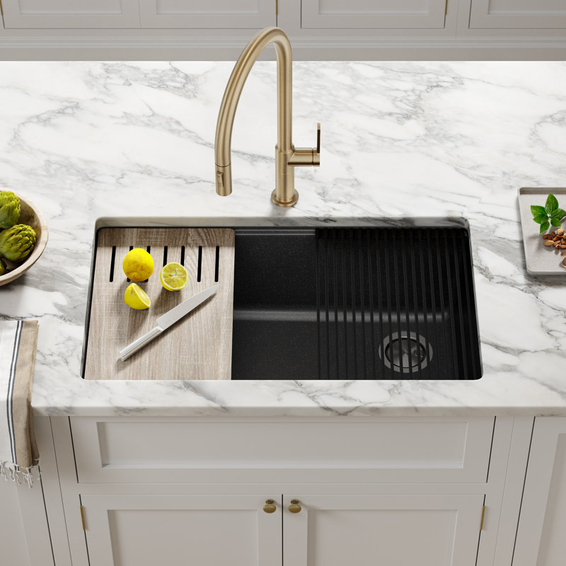 Kraus Bellucci 32 in. Undermount Quartz Composite Single Bowl Kitchen Sink with Accessories, Metallic Black