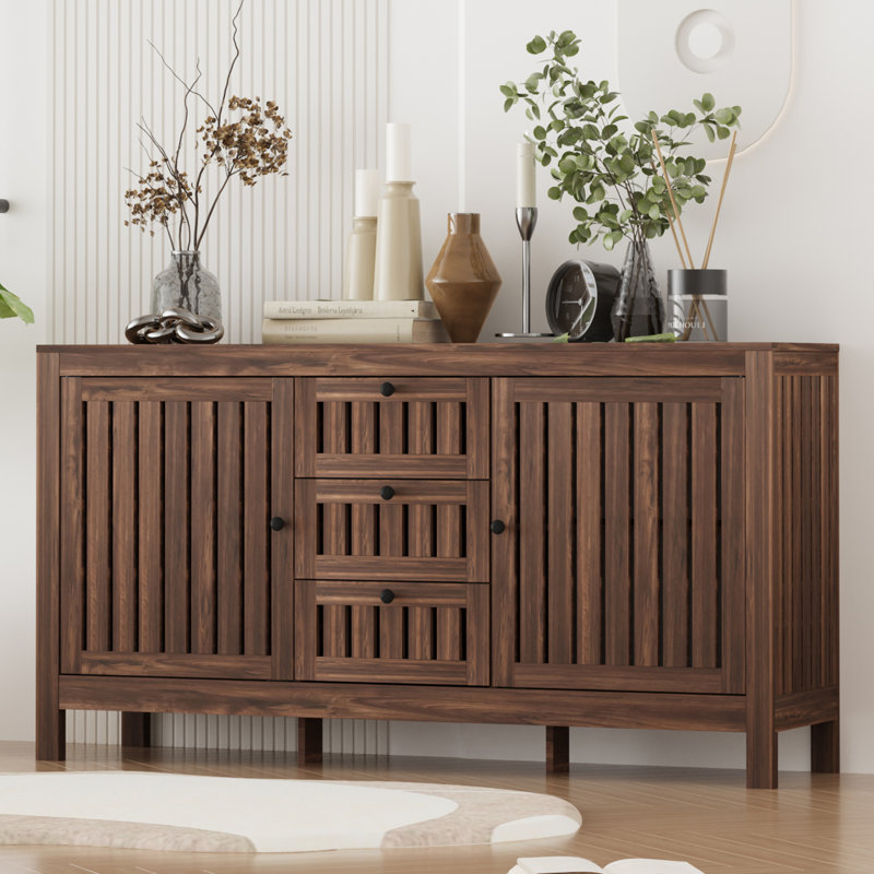 Farmhouse Wood Sideboard Buffet Storage Cabinet with Adjustable Shelf and Drawers, Espresso