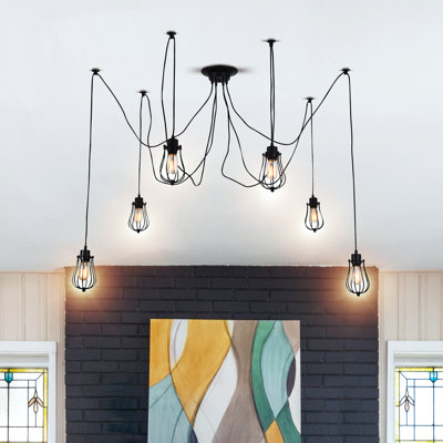 6-Light Multi Pendant – Black Industrial Cage Pendant Light Fixture