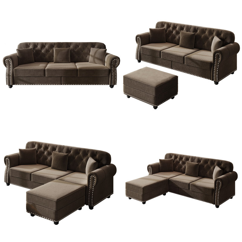 82.6" Upholstered Velvet L-Shaped Sectional Sofa with Ottoman, Mid-Century Modern Chesterfield Style, Button Tufted with Nailhead Trim & Rolled Arms, Includes 3 Pillows