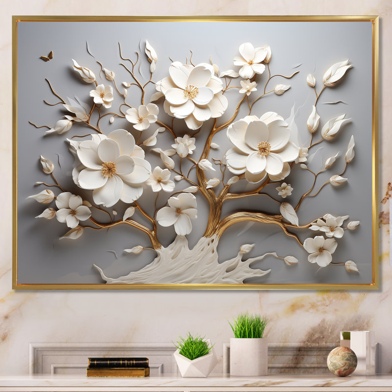 Orchidée blanche jardin de branches 10 - Art mural floral abstrait pour le salon, Cadre d'angle fermé noir