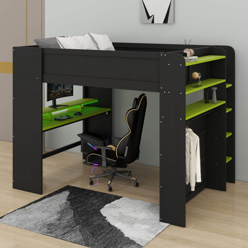Lit superposé double en bois pleine grandeur avec bureau à hauteur réglable, garde-robe, grand espace de rangement et lumière RVB