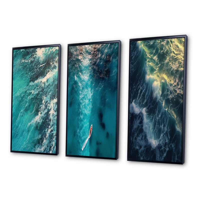 «Vue aérienne des vagues de turquoise qui se brisent en V» - 3 pièces, Cadre flottant noir, H 20 po x l 36 po