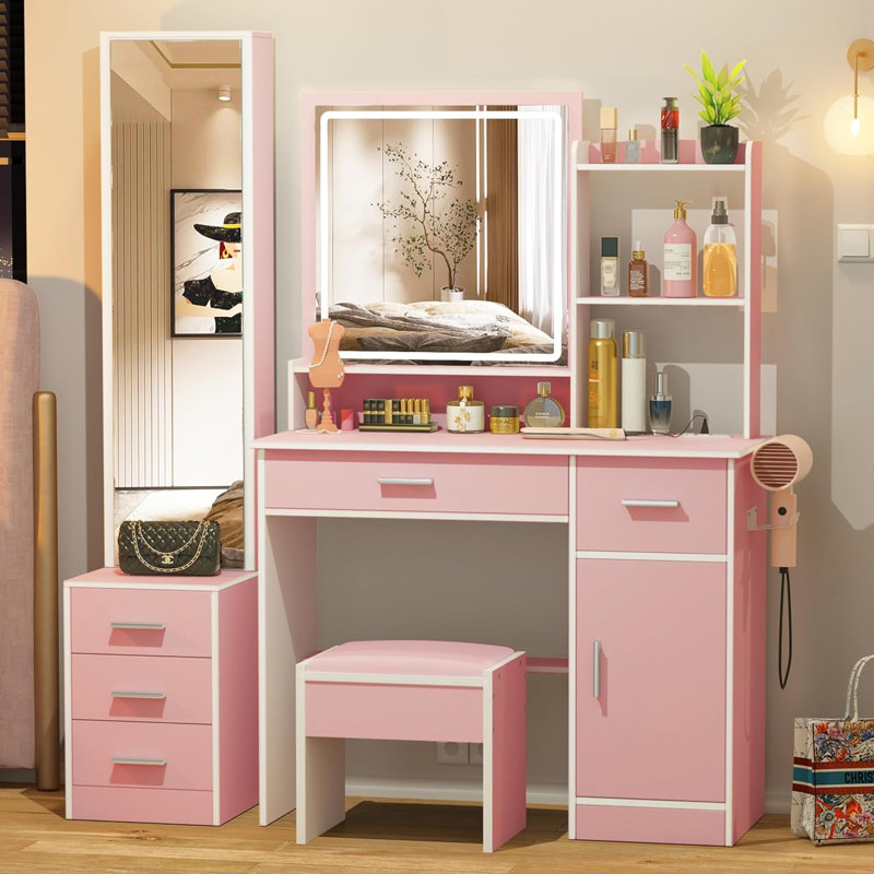 Makeup Vanity Desk with Lights and Full-Length Mirror, Vanity Table Set with 3 Lighting Modes, Dressing Table with Drawers, Large Vanity Desk for Bedroom, Outlets and Stool included