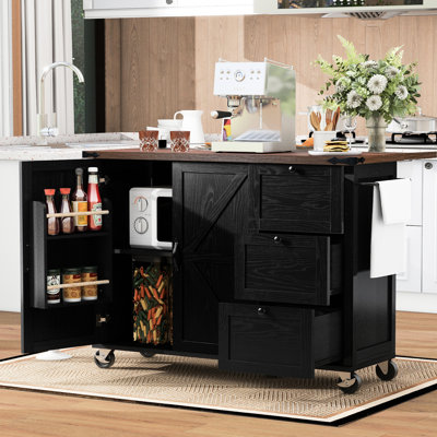 Kitchen Island Cart With Spice Rack And Lockable Wheels, 54.5" Black Rolling Deep Drawers Charging Station,