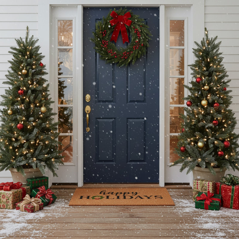 Happy Holidays Christmas Wreath Doormat, 24" W x 36" L