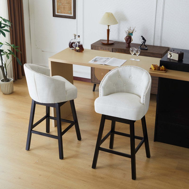 Tabourets de comptoir pivotants 33,25 po avec structure en bois d'hévéa massif, Siège blanc / cadre noir