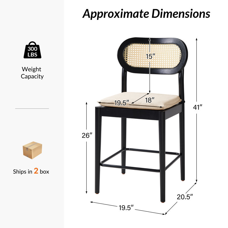 Jacindo Coastal Counter Stool with Rattan Backrest, Black