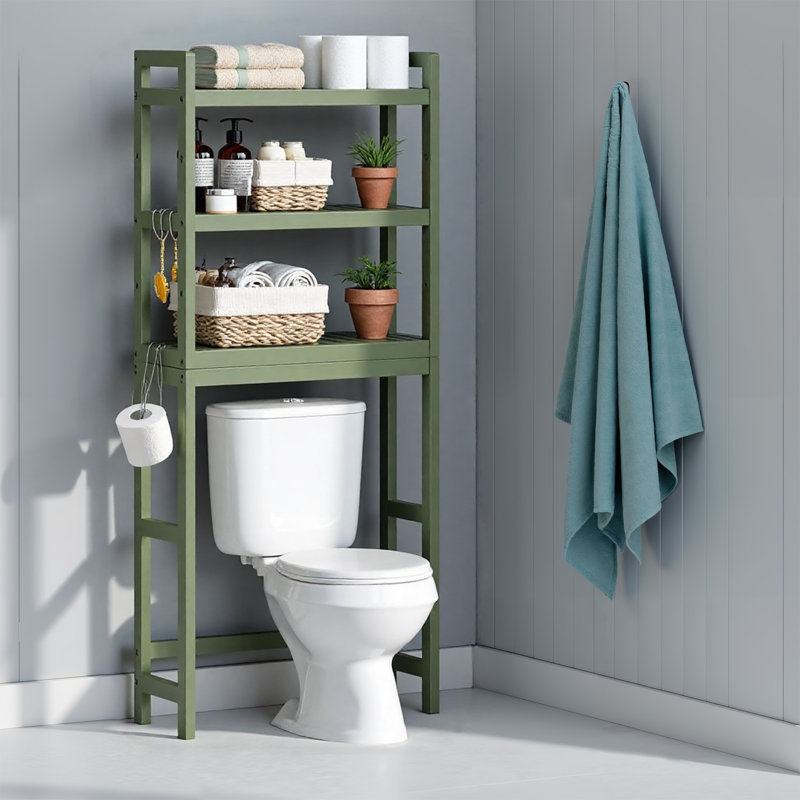 3-Tier Over The Toilet Storage with Adjustable Shelf, Cloud White/Natural Beige, 67" H x 25" W x 10" D