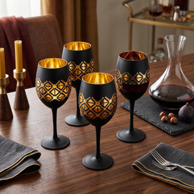4-Piece 14-Oz Black Gold Drinking Wine Glasses