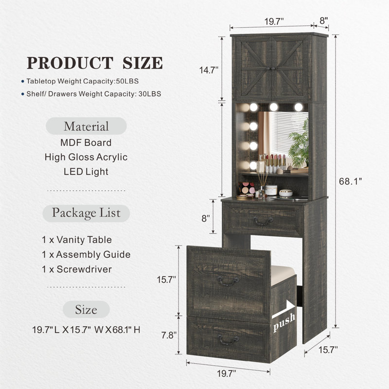 Small Makeup Vanity Set with LED Lights, Rustic Brown