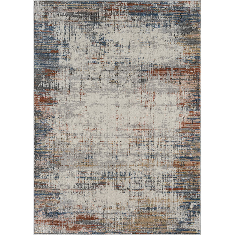 Tapis multicolore abstrait coups de pinceau bleu, rouille et ivoire, Rectangle 7 pi 10 po x 10 pi 6 po
