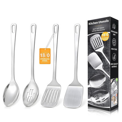 4 Pcs Cooking Utensils Set, Stainless Steel Kitchen Utensils, Heat Resistant Metal Kitchen Tools Include Solid & Slotted Turner Wok Spatula, Serving Spoon, Ergonomic Handle, Easy To Clean, Silver