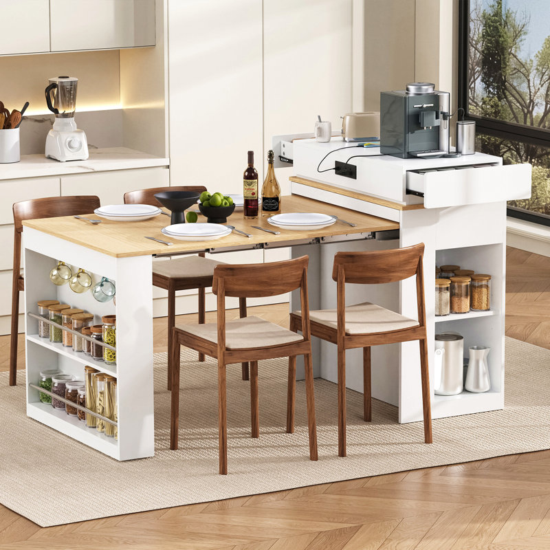 Table de salle à manger extensible avec plateau de table pliable, table de bar avec tiroirs et prise de courant, îlot de cuisine avec roues et crochets, buffet pour la cuisine et la salle à manger