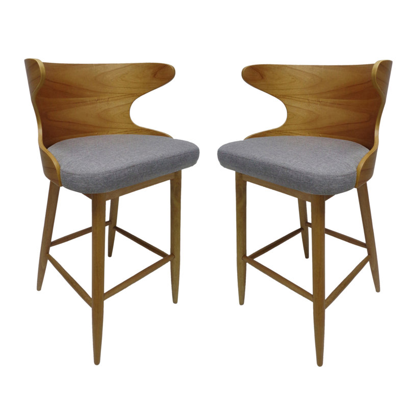 Of 2 Bar Chairs, Mid-century Look, Grey Upholstery, Rubberwood, 41" H Stool Pair, Fabric Cushion, Strong Rubberwood Structure, 41