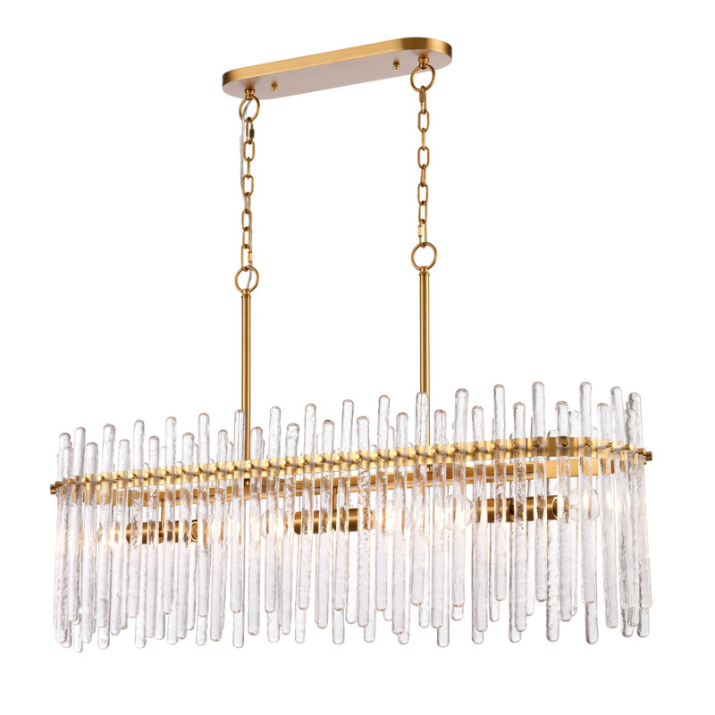 Lustre linéaire en laiton 45 po avec tiges en verre texturé faites à la main