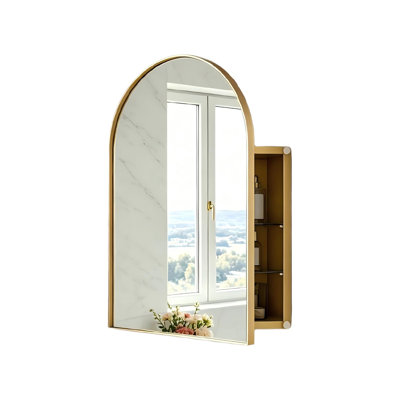 Arched Metal Frame Wall Mounted Bathroom Corner Medicine Cabinet with Mirror and Adjustable Shelves, Golden