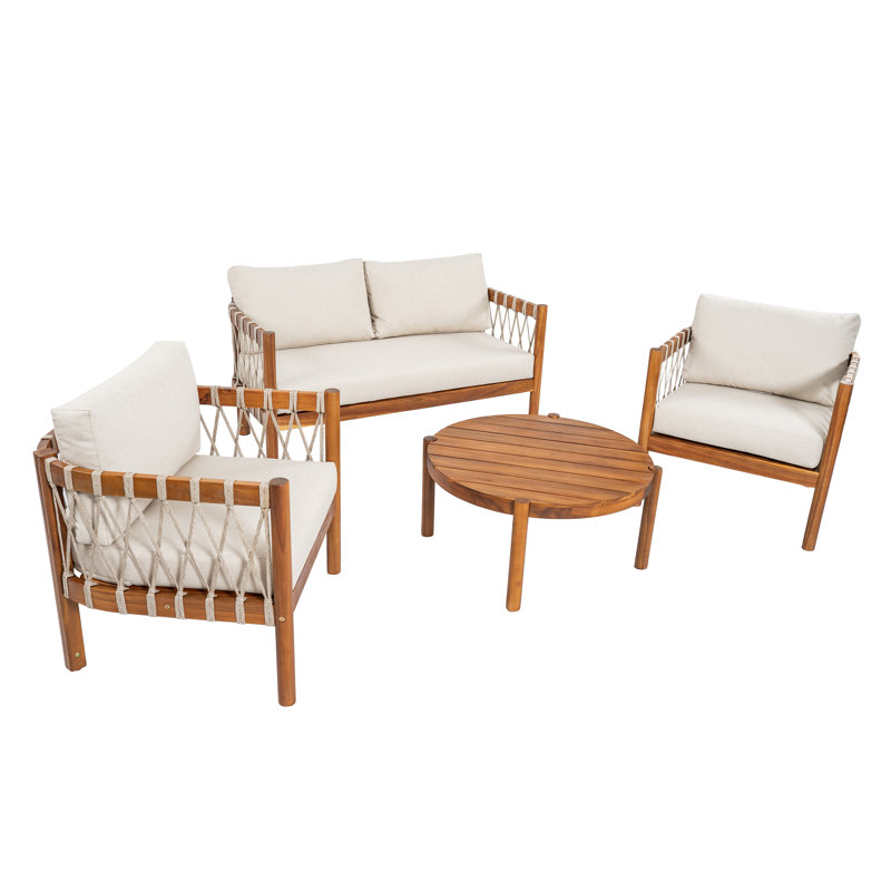 Caldera Coastal Outdoor Seating Set with Coffee Table Aacia Wood with Cushions, 4 Pcs: Table, Loveseat, 2 Chairs