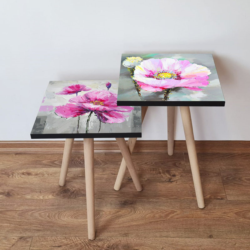 Elegant Nesting Table Set (2 Pieces), Impressionist Flower Design, Beech Wood Legs, Larger Table: 13.8 x 18.5 x 13.8 inches | 100% MDF, Thickness: 0.7 inches | Perfect for Living Room or Accent Decor