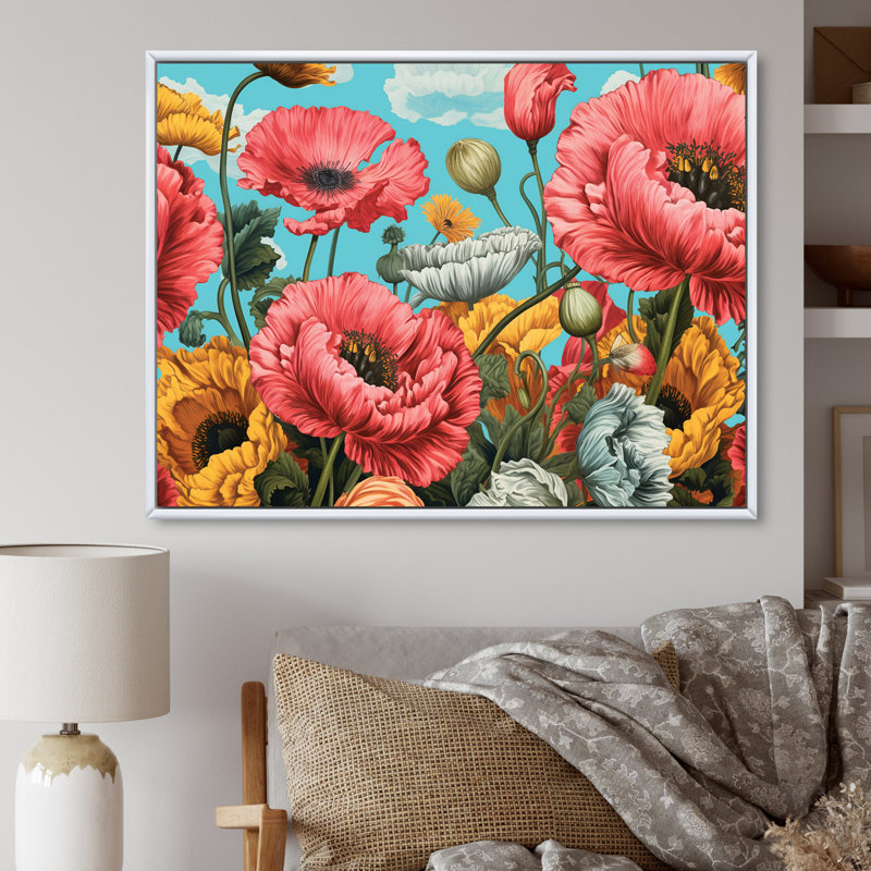 «Vibrant Pink Poppy Field Dreams», reproduction sur toile, Cadre flottant blanc, H 24 po x l 32 po