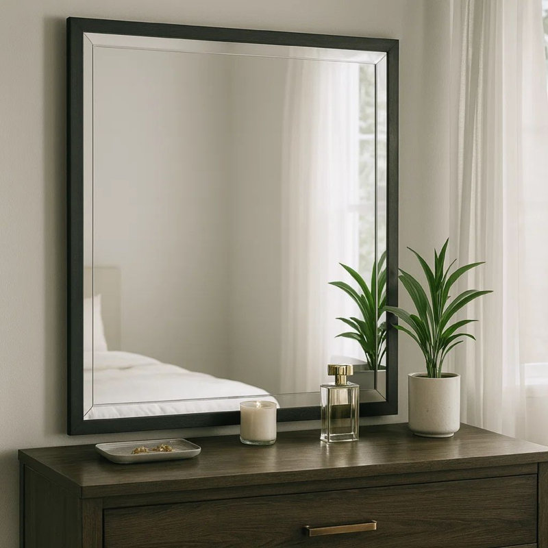 Miroir de commode carré Jenny, bordure dorée polie, bois et mélamine, Noir/chrome