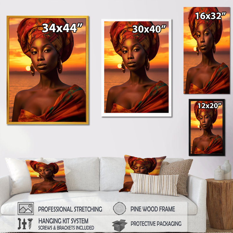 Beauté africaine en tenue traditionnelle au coucher du soleil I - impression, H 20 po x l 12 po x P 1 po