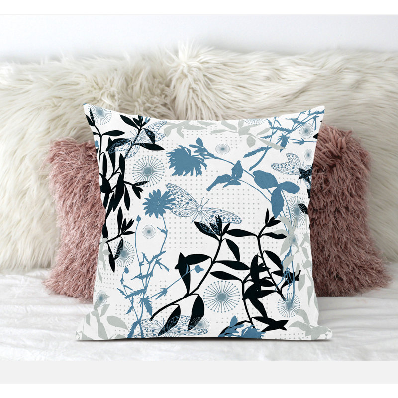Coussin décoratif floral intérieur / extérieur réversible, Bleu / blanc / noir, H 18 po x l 18 po