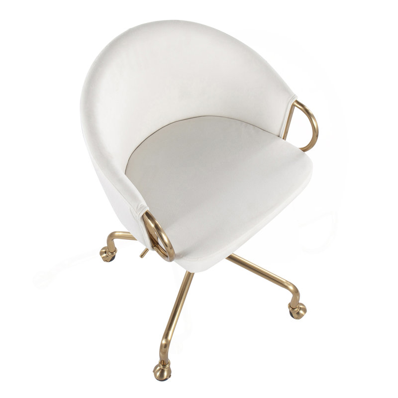 Chaise de travail en métal doré et velours crème, Crème, or