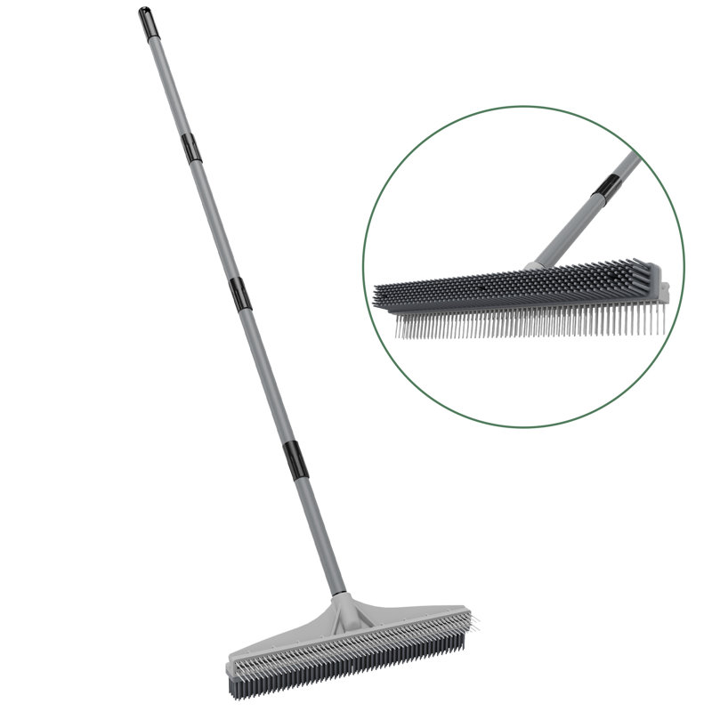 2 in 1 Carpet Rake for Pet Hair Removal, Adjustable Long Handle Rug Rake with Nylon Groomer Brush, Fluffs Shag Rugs, Stairs, Mats & Floors