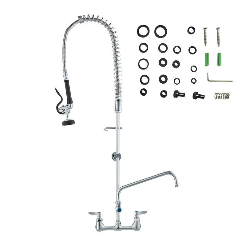 44" Commercial Wall Mount Kitchen Faucet with Pre-Rinse Sprayer - Heavy Duty Brass Sink Fixture for 3-Compartment Sinks