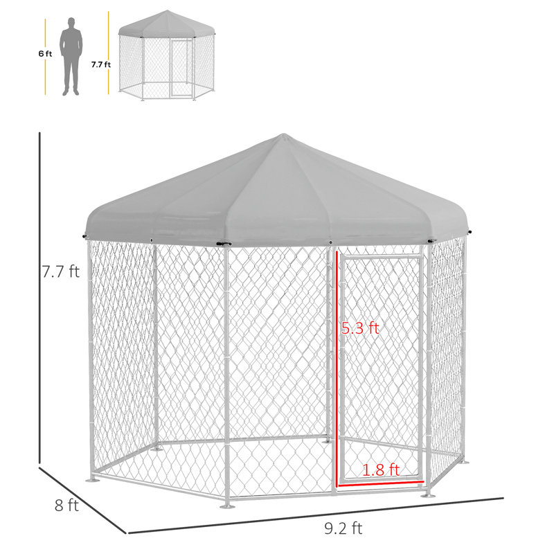 Piste pour chien 9,2 'x 8' x 7,7 'avec toit imperméable et résistant aux rayons UV, porte verrouillable, pour chiens de taille moyenne et grande, argent