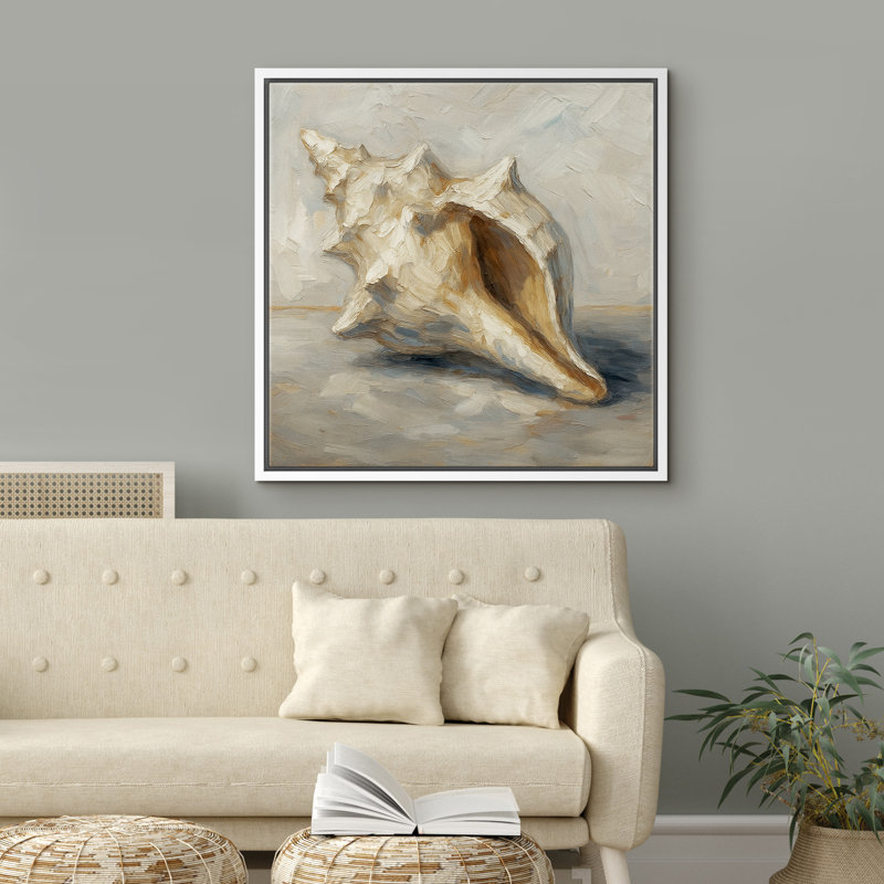 Conch Shell Coastal Wall Art - Neutral Beach-Themed Canvas Painting Print, Framed Seaside Decor for Coastal Interiors, White