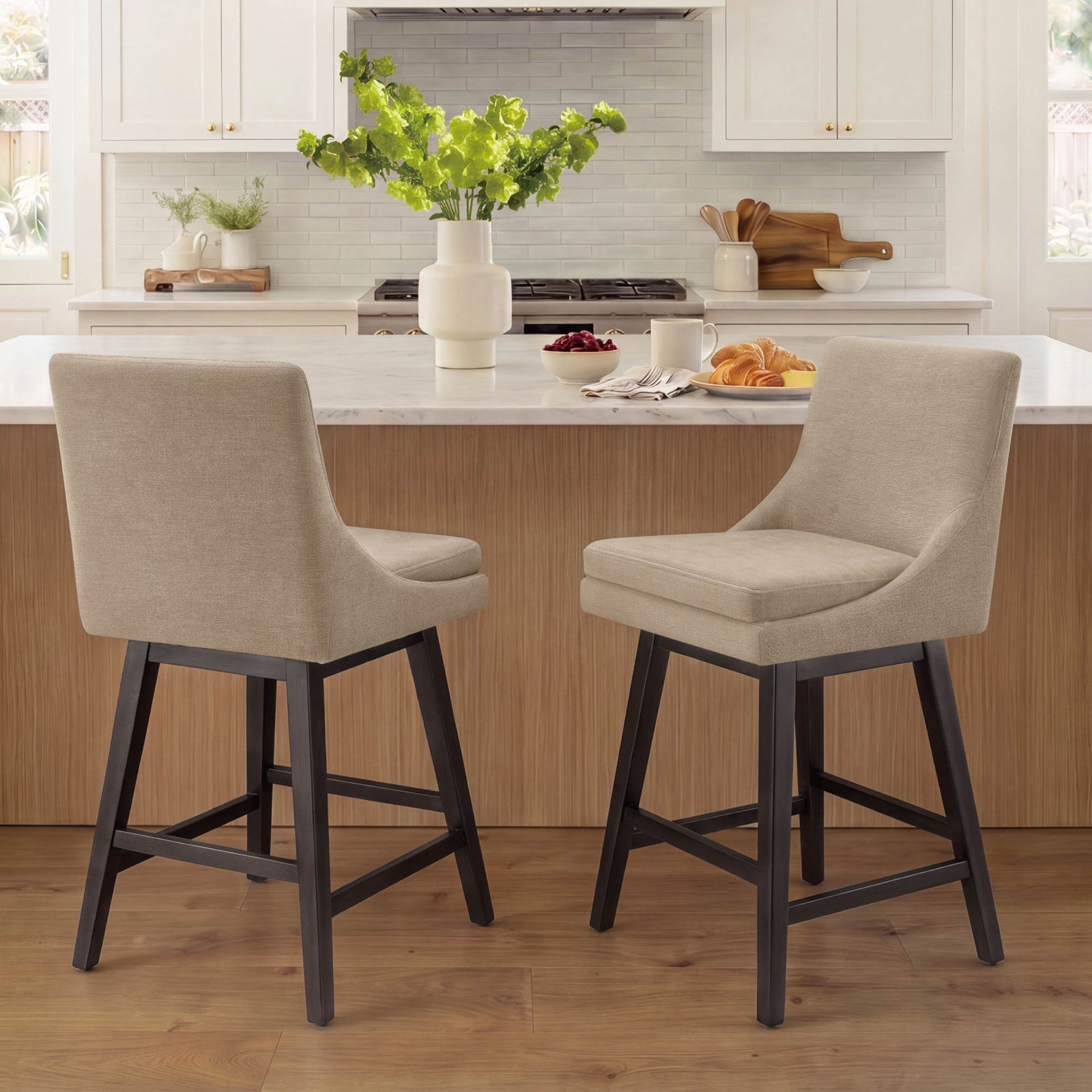 Zahara Swivel Bar and Counter Stool, Counter Stool (26” Seat Height), Tan Polyester/Brown
