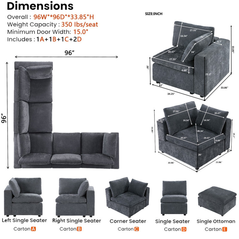 Canapé d'angle modulaire en L à 5 places, canapé modulaire personnalisable, chenille Modern Module, Gris chenille