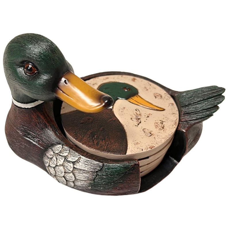 Rustic Woodland Mallard Duck Polyresin Coaster Set with Decorative Holder
