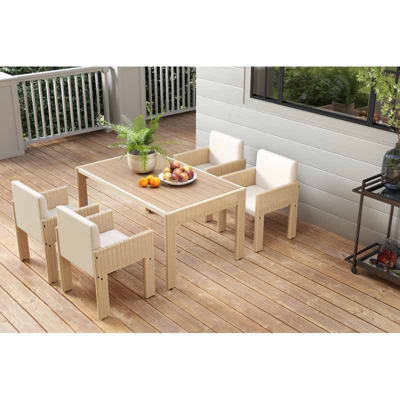 Ensemble repas d'extérieur en rotin toutes saisons avec plateau en bois, Beige, jaune, 4