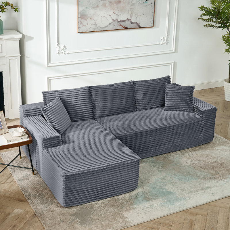 Canapé modulaire désossé en velours côtelé avec méridienne réversible sans assemblage, Velours côtelé gris