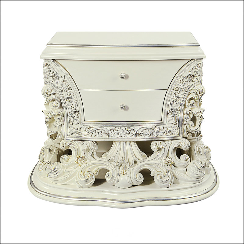 Table de chevet 2 tiroirs en blanc antique