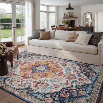 Soft Washable Distressed Vintage Floral Oriental Area Rug in Jewel Tone 