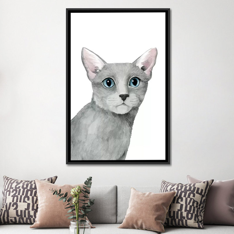« cat portrait i », impression sur toile, H 26 po x l 18 po x P 1,5 po, Toile avec cadre noir, Blanc