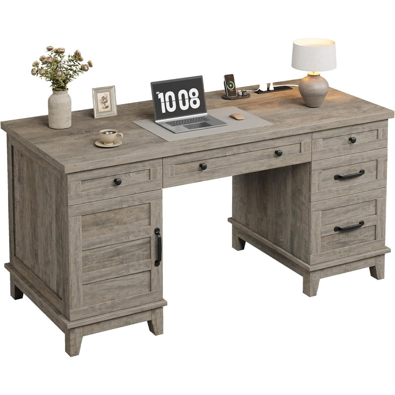 Extra-Wide Double Workstation Desk with Storage Cabinets, File Drawers, and Built-In Charging Station, Home Office Desk for Two