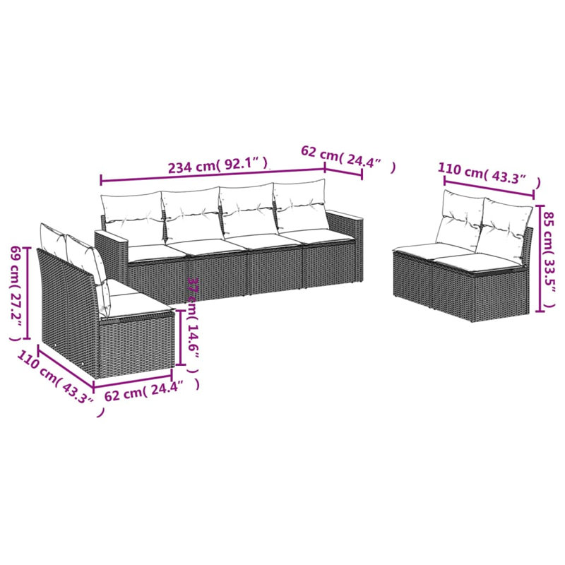  Ensemble de canapé de patio 8 pièces avec coussins en rotin de polyester noir