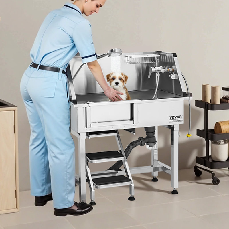 62 Inch Dog Grooming Bath Tub Stainless Steel w Ramp Water Filter Left, 40.4”H  x 34.3”W x 19.2”D